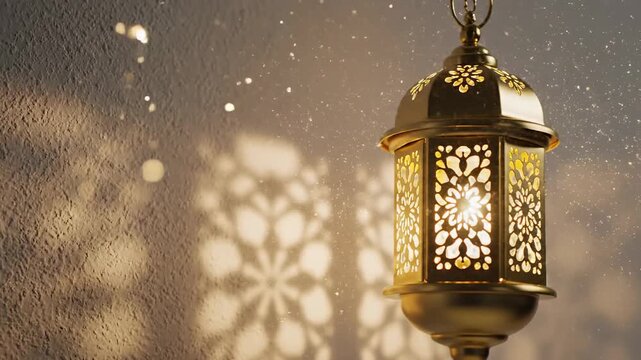 Close-up of a traditional ornate golden Ramadan lantern casting intricate light patterns on
