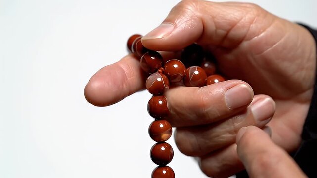 Close-up of an elderly person's hand gently holding and counting a string of brown and white marbled