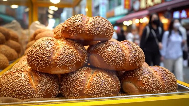 Close-up of freshly baked sesame bread loaves stacked in a street food stall display with blurred