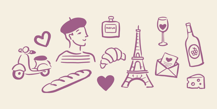 Paris travel icons doodle vector illustration