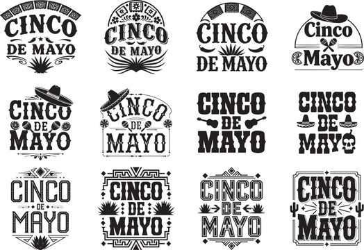 Cinco de Mayo typography lettering vector set with Mexican holiday decorations