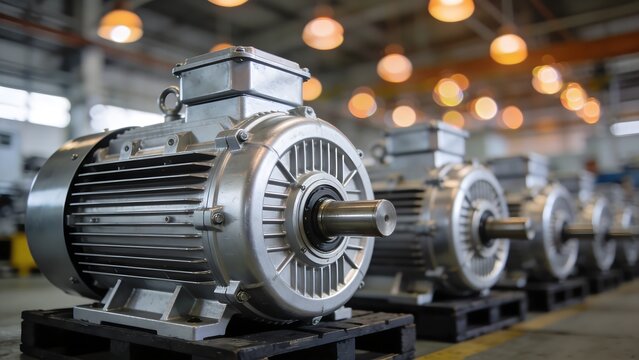 Row of shiny new industrial electric motors awaiting shipment in a brightly lit manufacturing warehouse facility