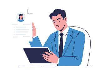 Businessman in blue suit using tablet for online meeting or presentation with colleague