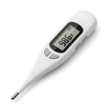 A white digital thermometer displays a temperature reading of 98 6 degrees fahrenheit