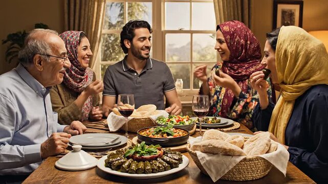 Diverse Multi-Generational Family Enjoying a Traditional Middle Eastern Meal Together Around