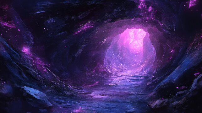 A mesmerizing cave scene featuring vibrant pink light illuminating the rocky walls. The starry background enhances the mystical and magical atmosphere, inviting exploration.