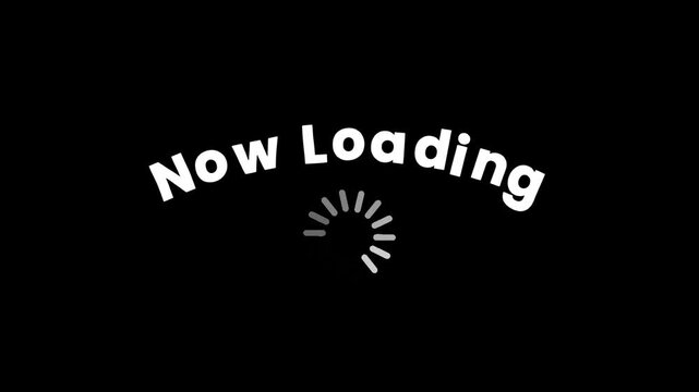 Animated 'Now Loading' text with spinning progress indicator on black screen.