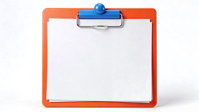 Bright orange clipboard featuring a blank white paper sheet secured by a shiny blue clip against white background