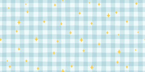Stars seamless pattern on light blue gingham background. Cute childish vector with yellow sparkles for nursery textiles, wrapping paper, stationery. Minimalist hand-drawn doodle wallpaper. © Svitlana Kharchuk