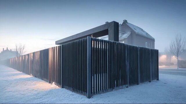 Modern architectural building covered in snow during winter morning  