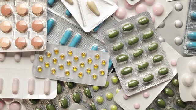 Top view of rotating vivid different pill capsules placed in a blister pack.