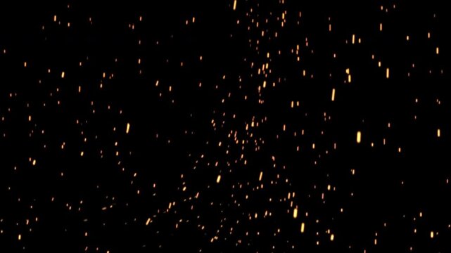 Flying fire sparks and hot ember on dark background. Burning hot fire particles. Floating fire flakes. Fire Dust Overlay. 4K Loop animation