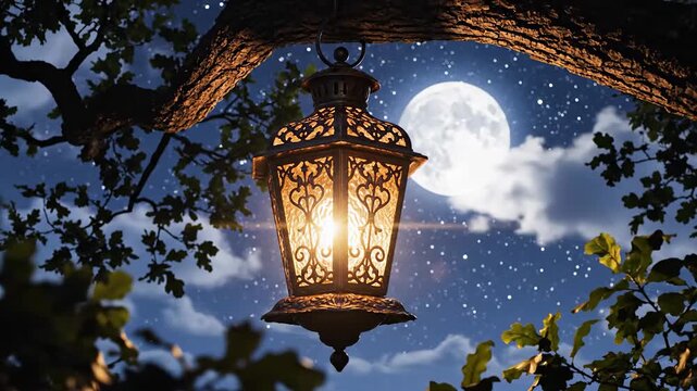 Enchanting vintage lantern hanging from tree branch at night, illuminated by soft warm light,