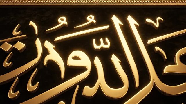 Exquisite Golden Arabic Calligraphy Adorned in an Ornate, Decorative Frame Against a Dark, Luxurious