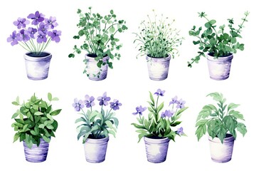 Obraz premium Watercolor illustration of a set of garden plants in pots for spring decoration, Easter, Womens Day, Mothers Day, wedding card, greeting card.