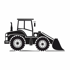 Black and white illustration of a front loader tractor with a large bucket.