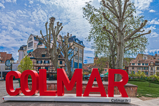 COLMAR, FRANCE: The city logo with its name at the entrance to the old town. First mentioned by Charlemagne in 884. The city is renowned for its well-preserved old town.