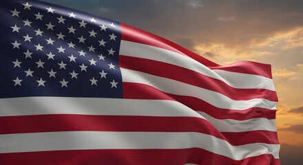 Obraz premium Closeup of the American flag waving majestically against a cloudy sunset sky backdrop