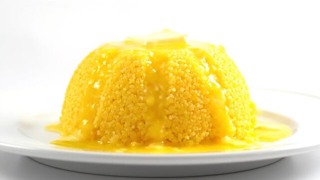 Brazilian couscous (Cuscuz) topped with melting butter on plate