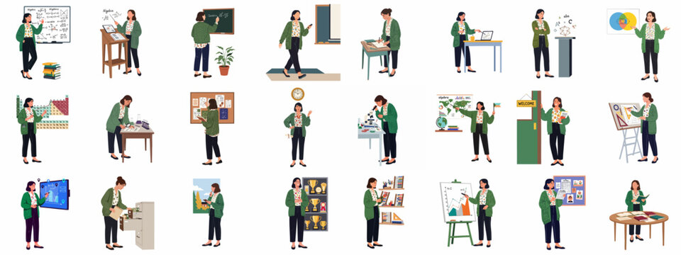 Modern Teacher Vector Pack: Woman educator teaching, lecturing, calculating, researching, and managing tasks in various school and academic settings.