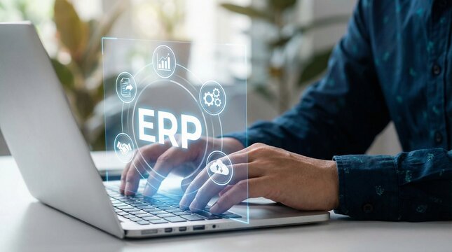 Close-up of a person interacting with a laptop, displaying a holographic ERP system with integrated business icons for efficient resource planning and management.