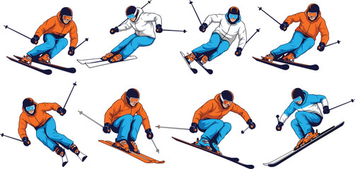 Skiers Action Poses Snow Sport Commercial Vector