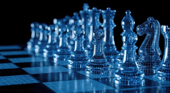 Strategic business planning and technology integration with chess pieces on a digital board