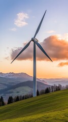 Obraz premium A wind turbine is standing tall on a hillside