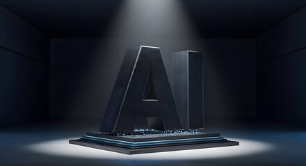 Futuristic AI concept with glowing blue circuits on a dark stage, symbolizing advanced artificial intelligence technology and data processing.
