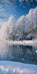 Fototapeta premium A tranquil winter scene featuring snow-covered trees and a calm lake reflecting the serene beauty of nature under a clear blue sky.