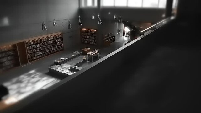 Monochromatic indoor setting showcasing an expansive library interior with abundant collections of books and seating spots