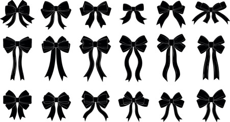 Set of black ribbon bow silhouettes featuring various decorative styles for gift wrapping greeting cards wedding invitations and festive celebration designs, © Zakir