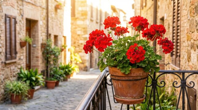 Sun-drenched red geraniums overflowing from a terracotta pot on a rustic balcony overlooking a charming European cobblestone street.