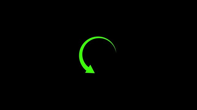 A vibrant green curved arrow with an arrowhead points downwards against a stark solid black background suggesting a cyclical process high quality