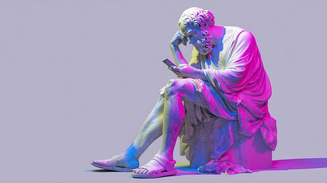 Socrates statue sitting with smartphone, blending ancient philosophy and modern tech, light background.