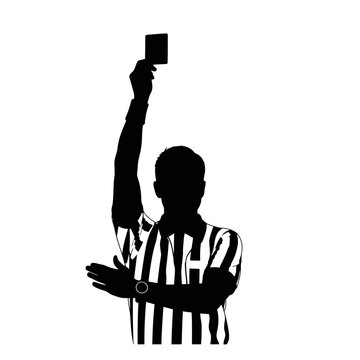 Silhouette of referee raising a card over an arm in a monochrome sports scene.