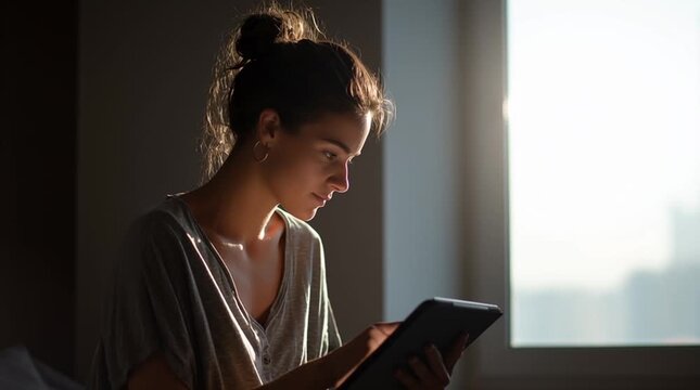 Young woman attending an online class on a tablet in soft natural window light, realistic remote learning setup in a clean minimal interior, illustrating modern education and digital study.
