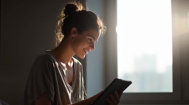 Young woman attending an online class on a tablet in soft natural window light, realistic remote learning setup in a clean minimal interior, illustrating modern education and digital study.
