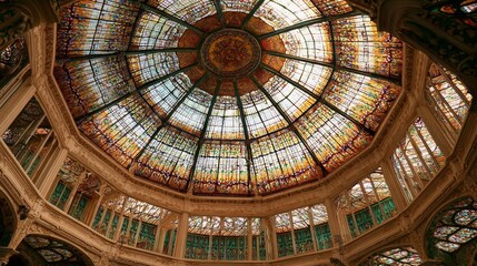 Valencia, Spain - stained glass window at The Silk Exchange&acirc;&euro;&trade;s Hall of Columns, October 2025. 