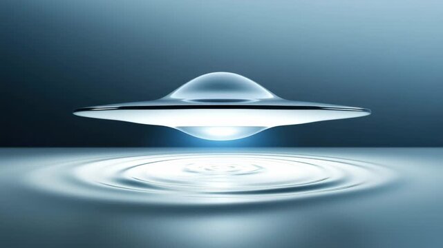 A sleek flying saucer is seen hovering silently over a modern cityscape during dusk. The craft emits a gentle light that enhances the atmosphere of the surrounding environment.