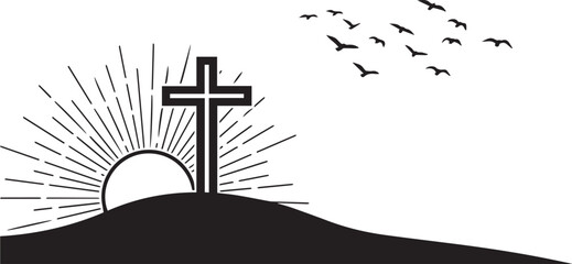 MobileEaster Calvary Hill Silhouette with Christian Cross Sunrise and Flying Birds
