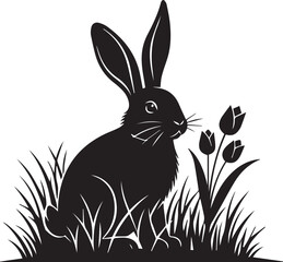 MobileCute Easter Bunny Silhouette Sitting in Tall Grass with Spring Tulips