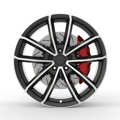 Obraz premium Modern black and silver alloy car wheel with red brake caliper