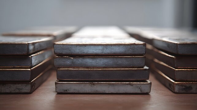 Stacks of metallic bars with textured surfaces and defined edges arranged on a wooden table