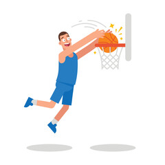 Basketball player performing a slam dunk with excitement. © Ananda Putri