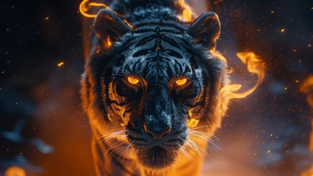 Close-up tiger portrait amid roaring flames and glowing embers, smoky atmosphere and drifting sparks highlight wet black fur, intense amber eyes, cinematic