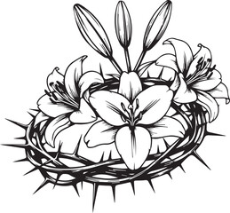 Religious Easter Illustration of Crown of Thorns with White Lilies and Buds