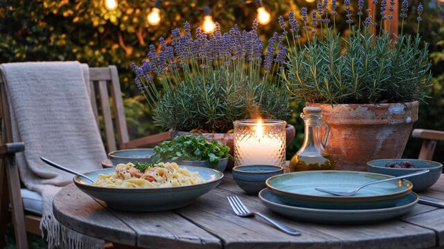 Outdoor dinner setup with fresh food and blooming flowers at sunset