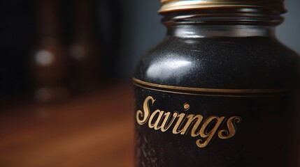 A textured dark jar with a golden Savings label is shown in moody low light