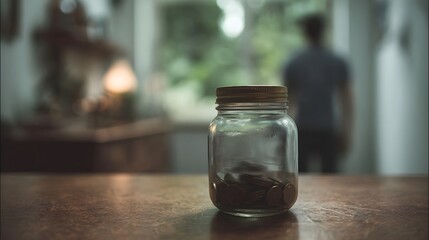 A glass jar filled with coins sits on a wooden table with a blurred background suggesting a home environment and a person